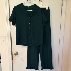 Dark Green Ruffle Trim Pajama Set